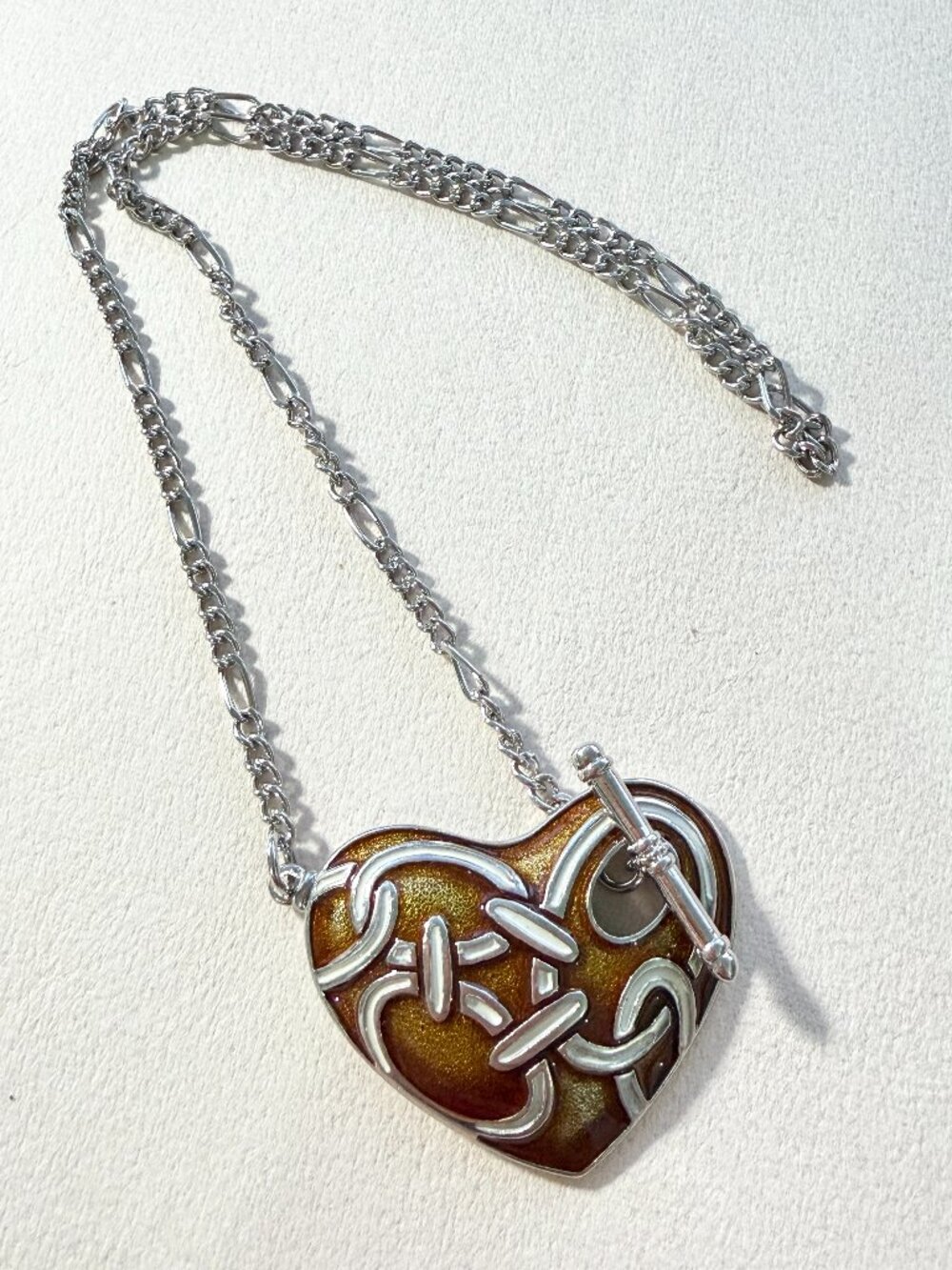 Vintage Silver-Tone Amber Enamel Heart Pendant Necklace